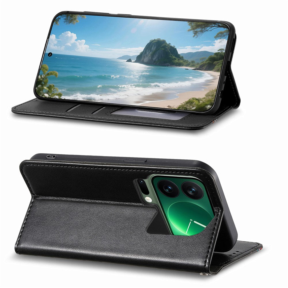 For Xiaomi 17 Pro Max Case Wallet Tri-Color Stitching Leather Phone Cover with Elastic Wristband - Black