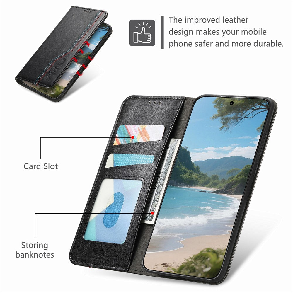 For Xiaomi 17 Pro Max Case Wallet Tri-Color Stitching Leather Phone Cover with Elastic Wristband - Black