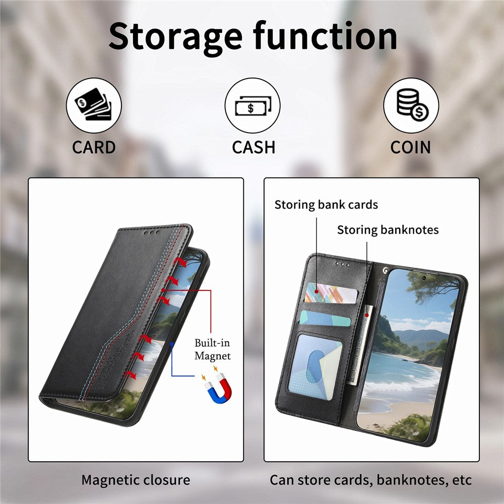 For Xiaomi 17 Pro Max Case Wallet Tri-Color Stitching Leather Phone Cover with Elastic Wristband - Black