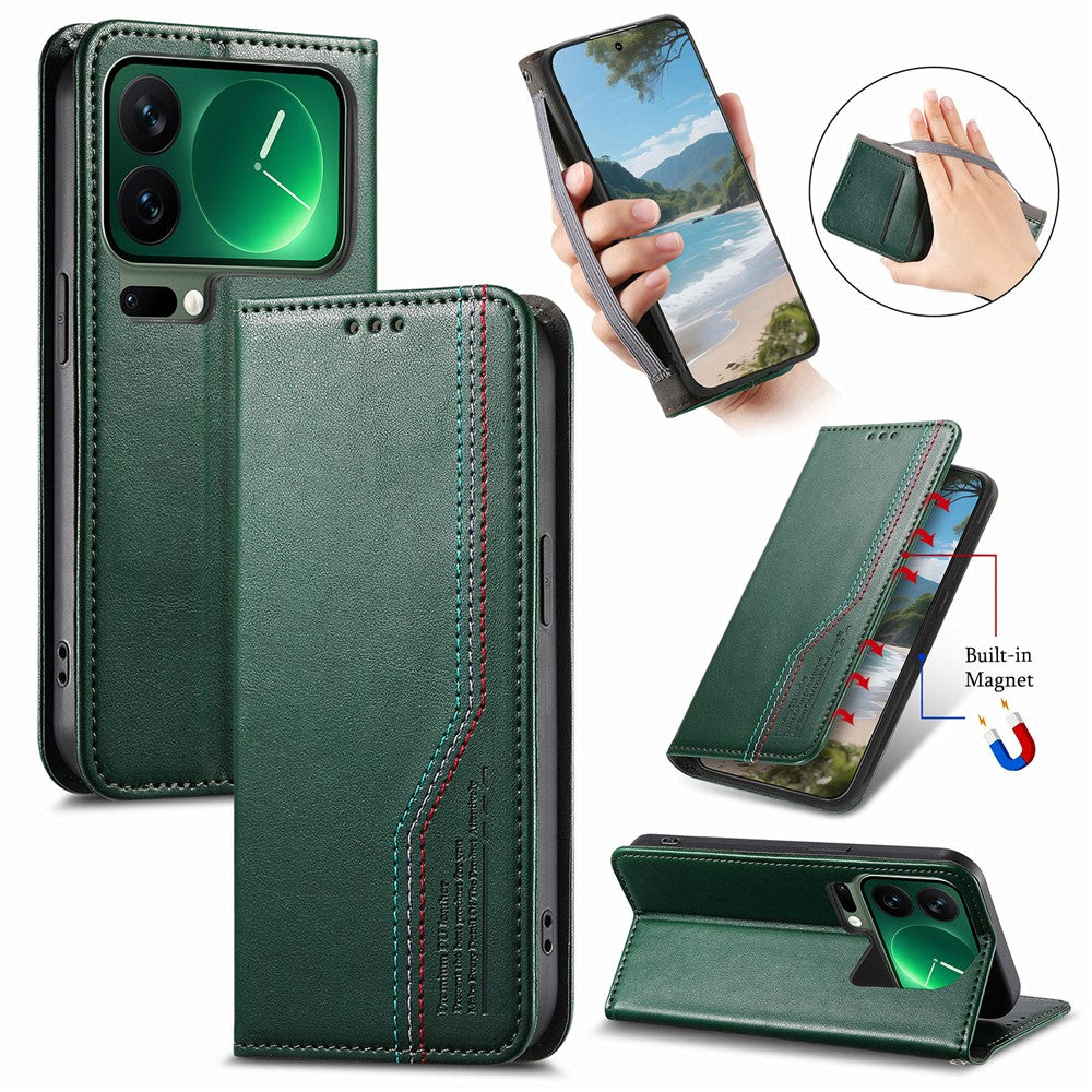 For Xiaomi 17 Pro Max Case Wallet Tri-Color Stitching Leather Phone Cover with Elastic Wristband - Green