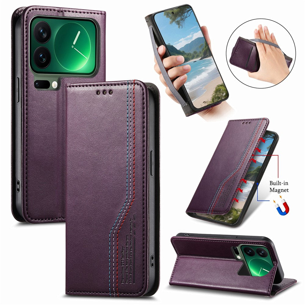 For Xiaomi 17 Pro Max Case Wallet Tri-Color Stitching Leather Phone Cover with Elastic Wristband - Purple