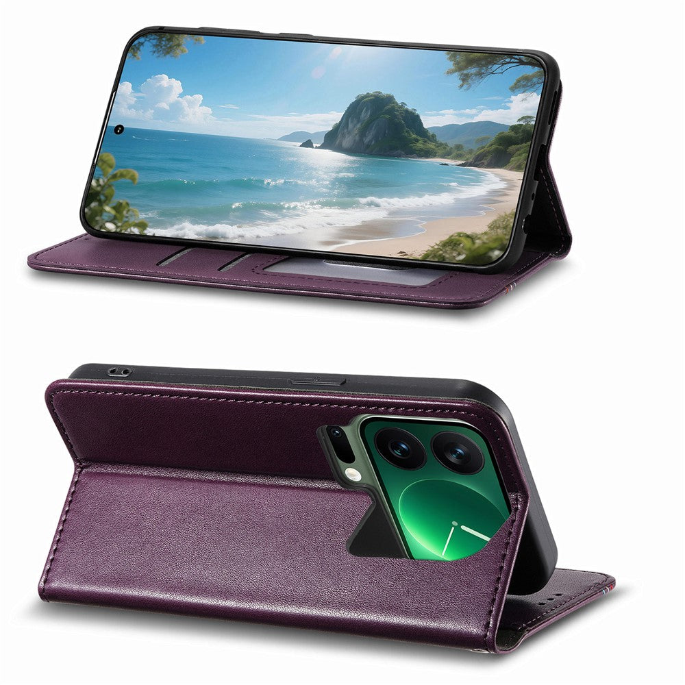 For Xiaomi 17 Pro Max Case Wallet Tri-Color Stitching Leather Phone Cover with Elastic Wristband - Purple