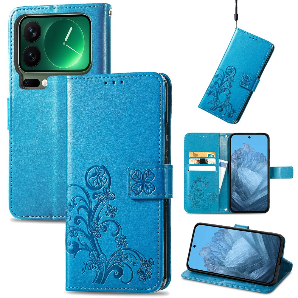 For Xiaomi 17 Pro Max Leather Case Four-Leaf Clover Wallet Phone Cover - Blue