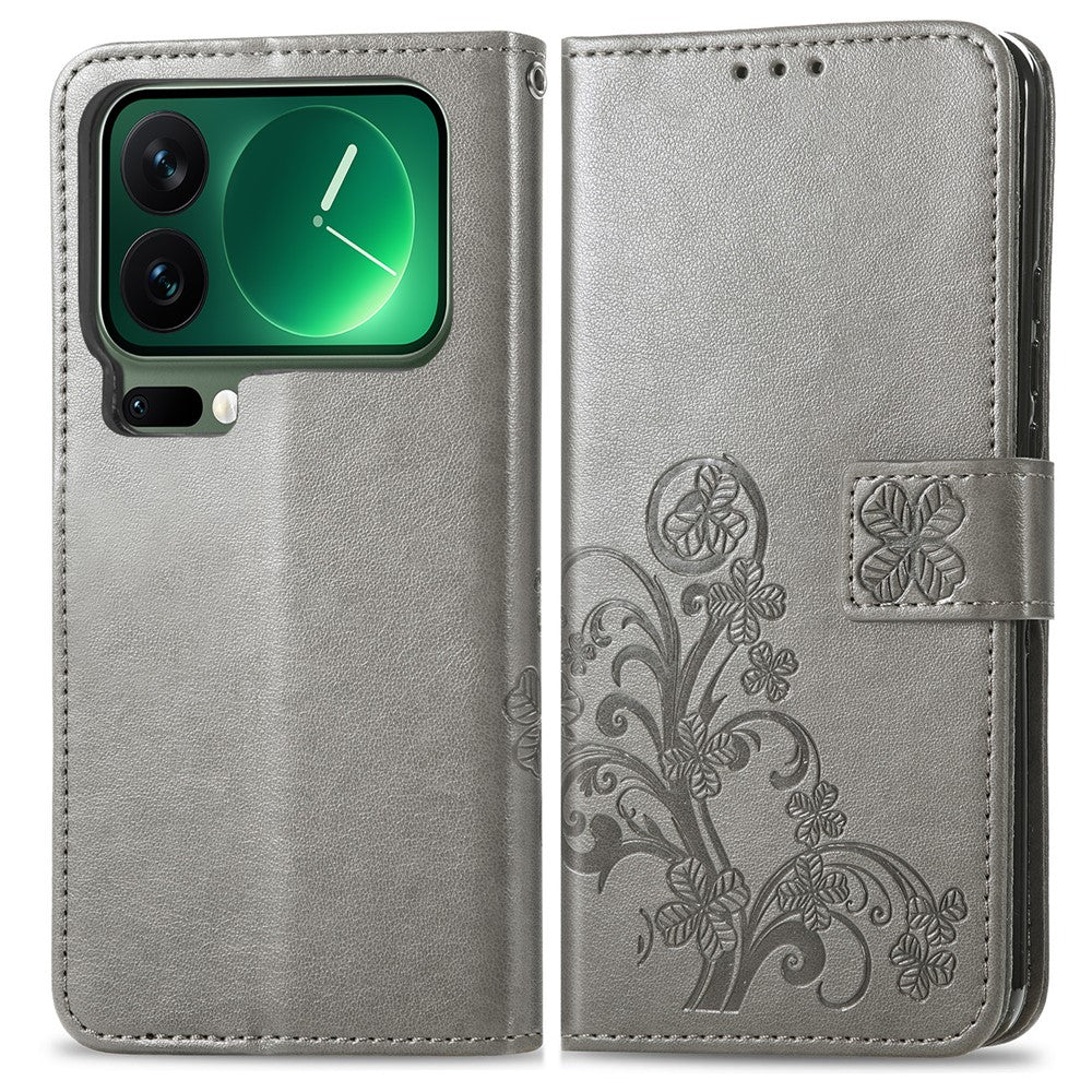 For Xiaomi 17 Pro Max Leather Case Four-Leaf Clover Wallet Phone Cover - Grey