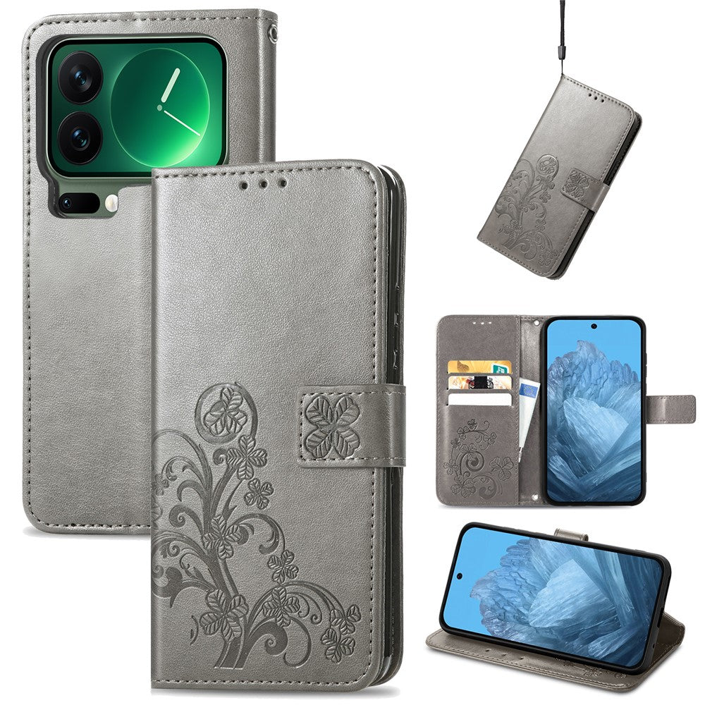 For Xiaomi 17 Pro Max Leather Case Four-Leaf Clover Wallet Phone Cover - Grey