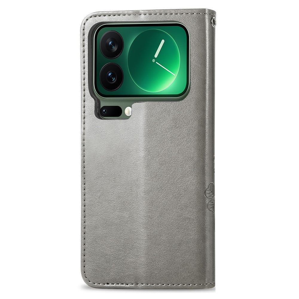 For Xiaomi 17 Pro Max Leather Case Four-Leaf Clover Wallet Phone Cover - Grey