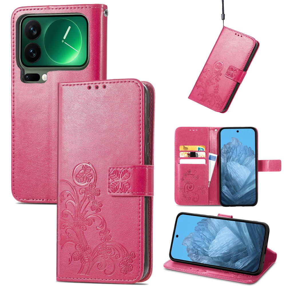 For Xiaomi 17 Pro Max Leather Case Four-Leaf Clover Wallet Phone Cover - Rose