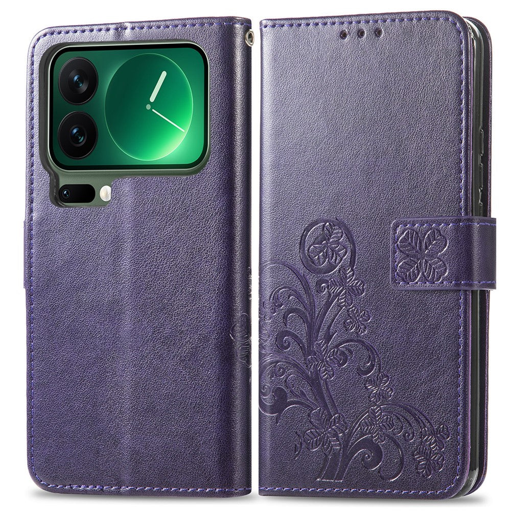 For Xiaomi 17 Pro Max Leather Case Four-Leaf Clover Wallet Phone Cover - Purple