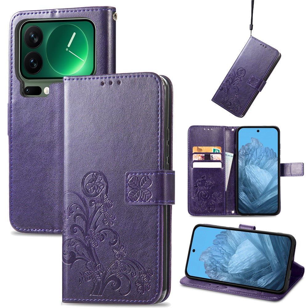 For Xiaomi 17 Pro Max Leather Case Four-Leaf Clover Wallet Phone Cover - Purple