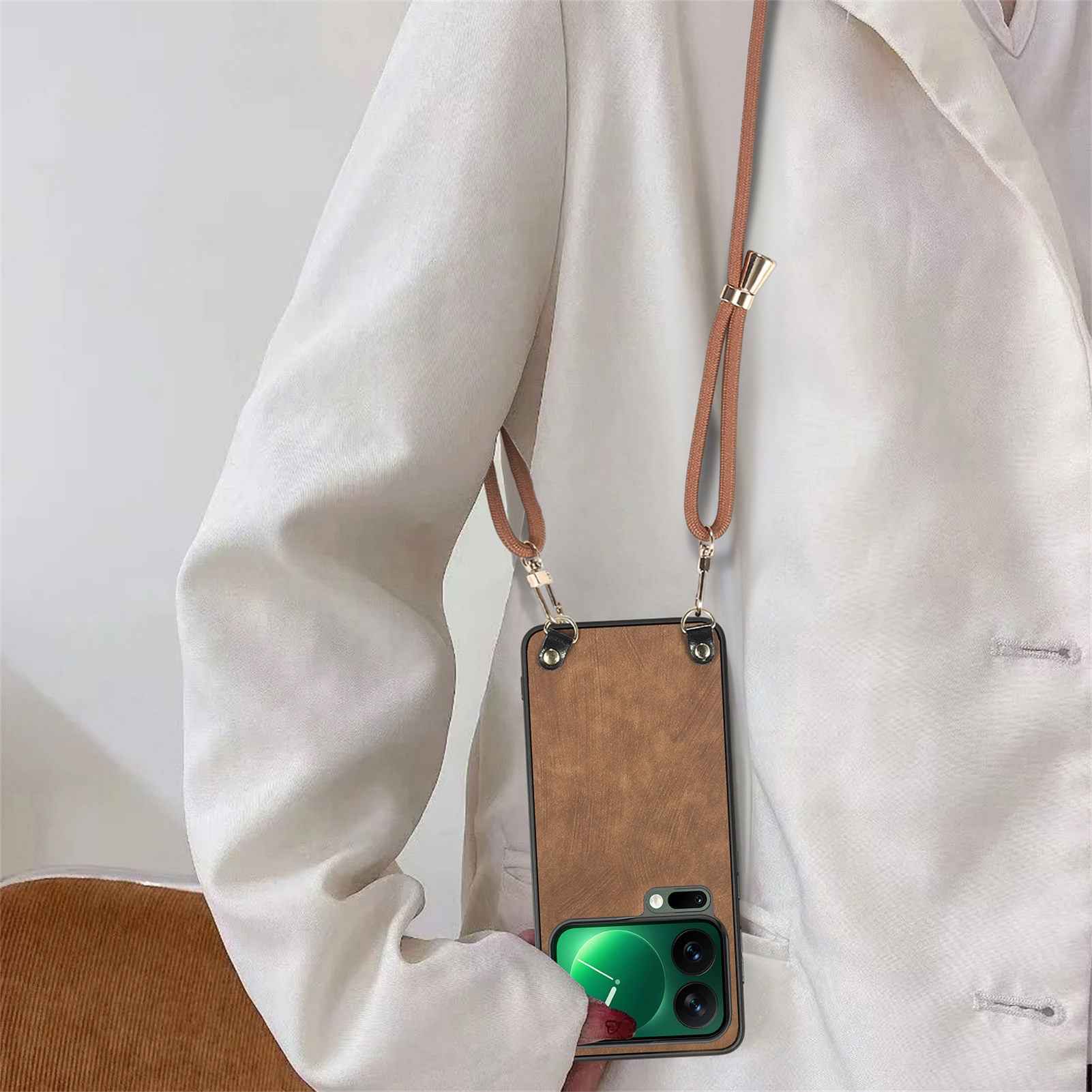For Xiaomi 17 Pro Retro Leather Phone Back Cover with Adjustable Strap - Brown