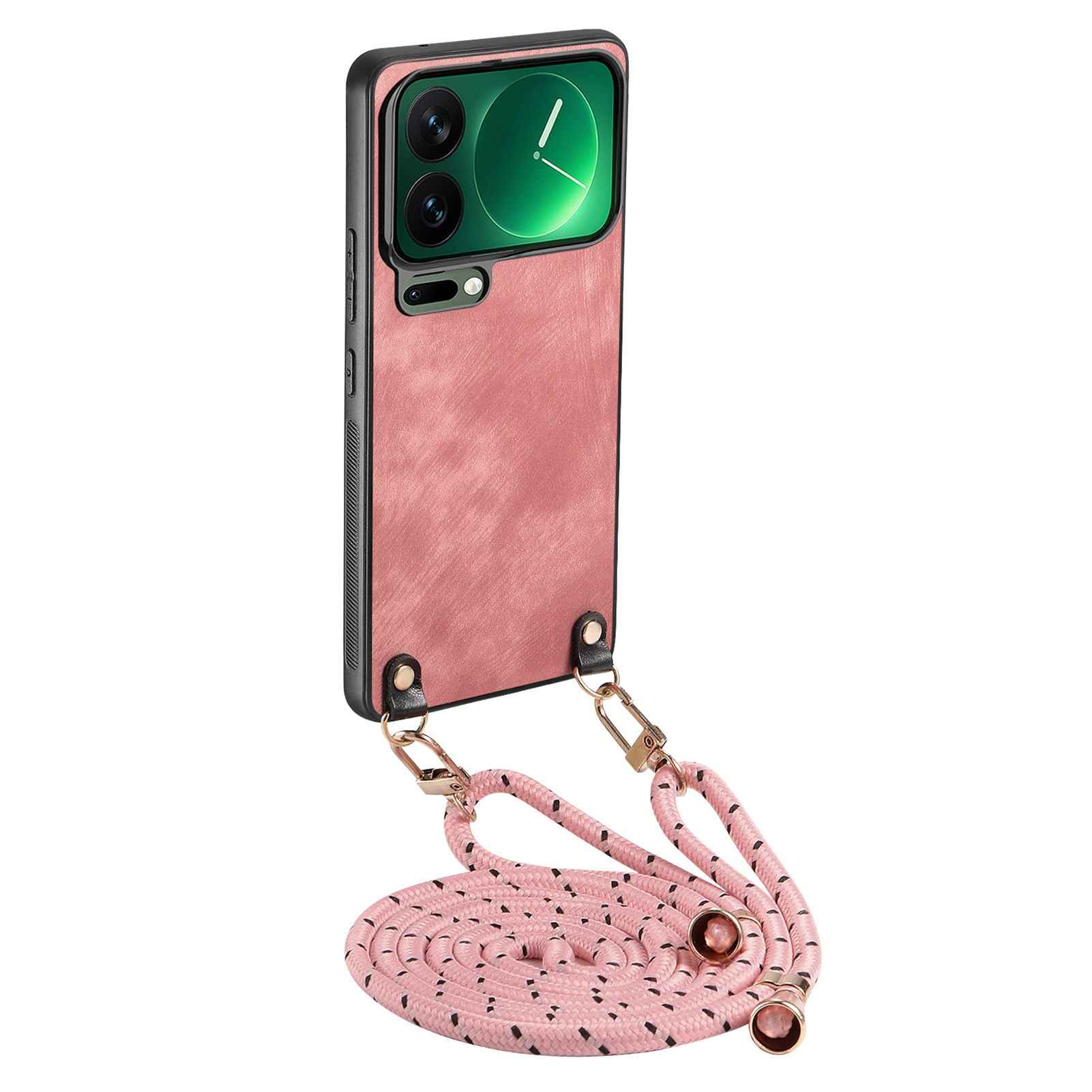 For Xiaomi 17 Pro Retro Leather Phone Back Cover with Adjustable Strap - Pink
