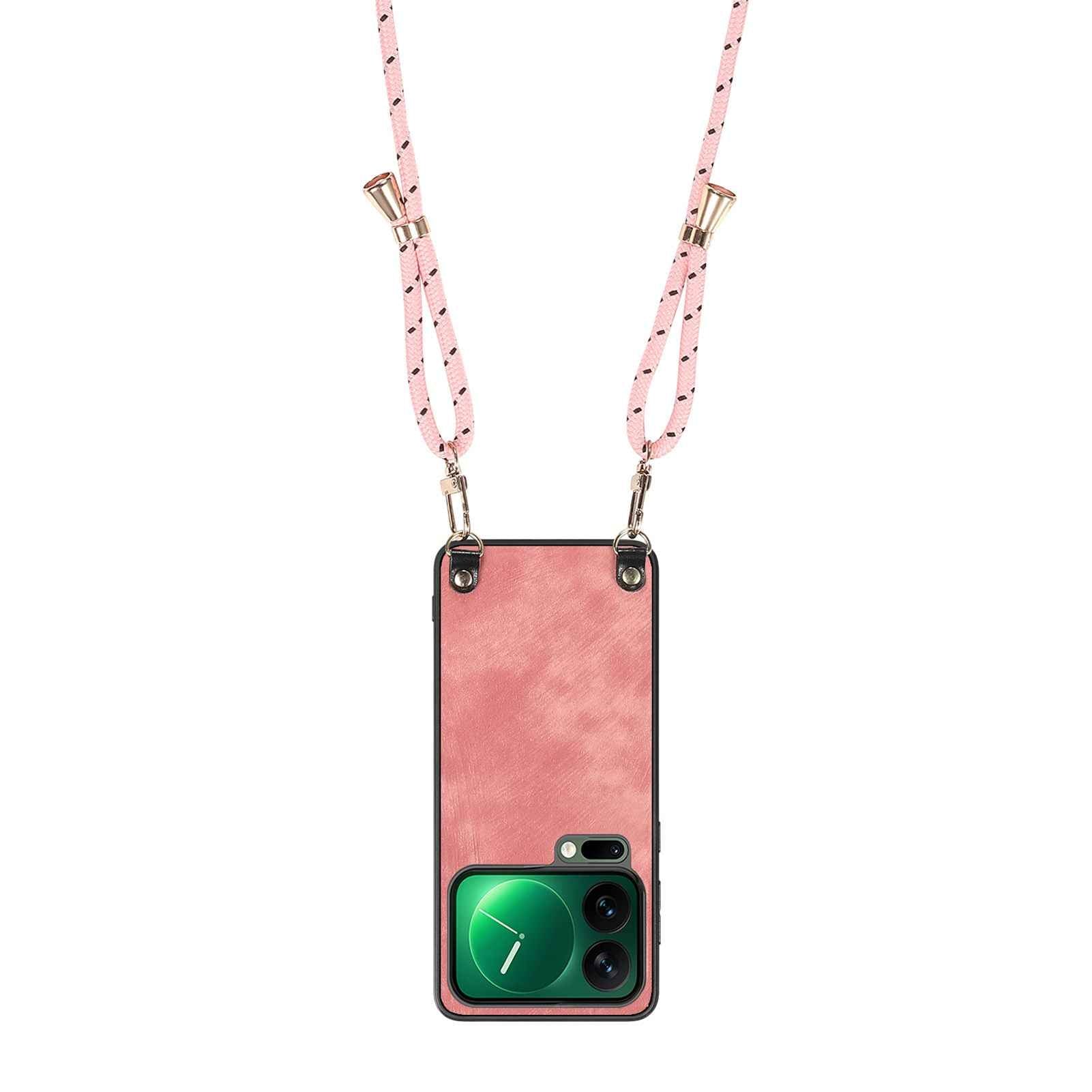 For Xiaomi 17 Pro Retro Leather Phone Back Cover with Adjustable Strap - Pink