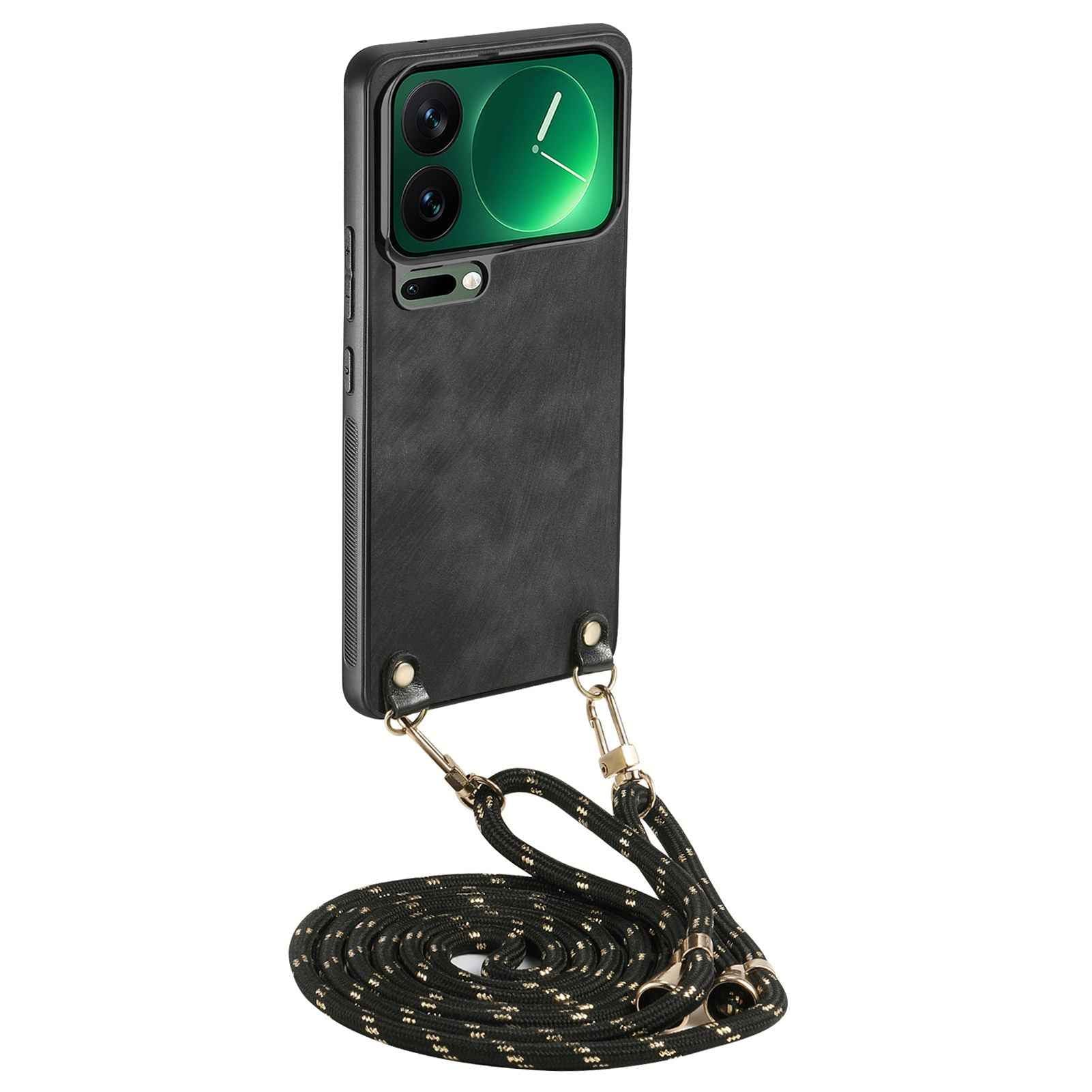For Xiaomi 17 Pro Retro Leather Phone Back Cover with Adjustable Strap - Black