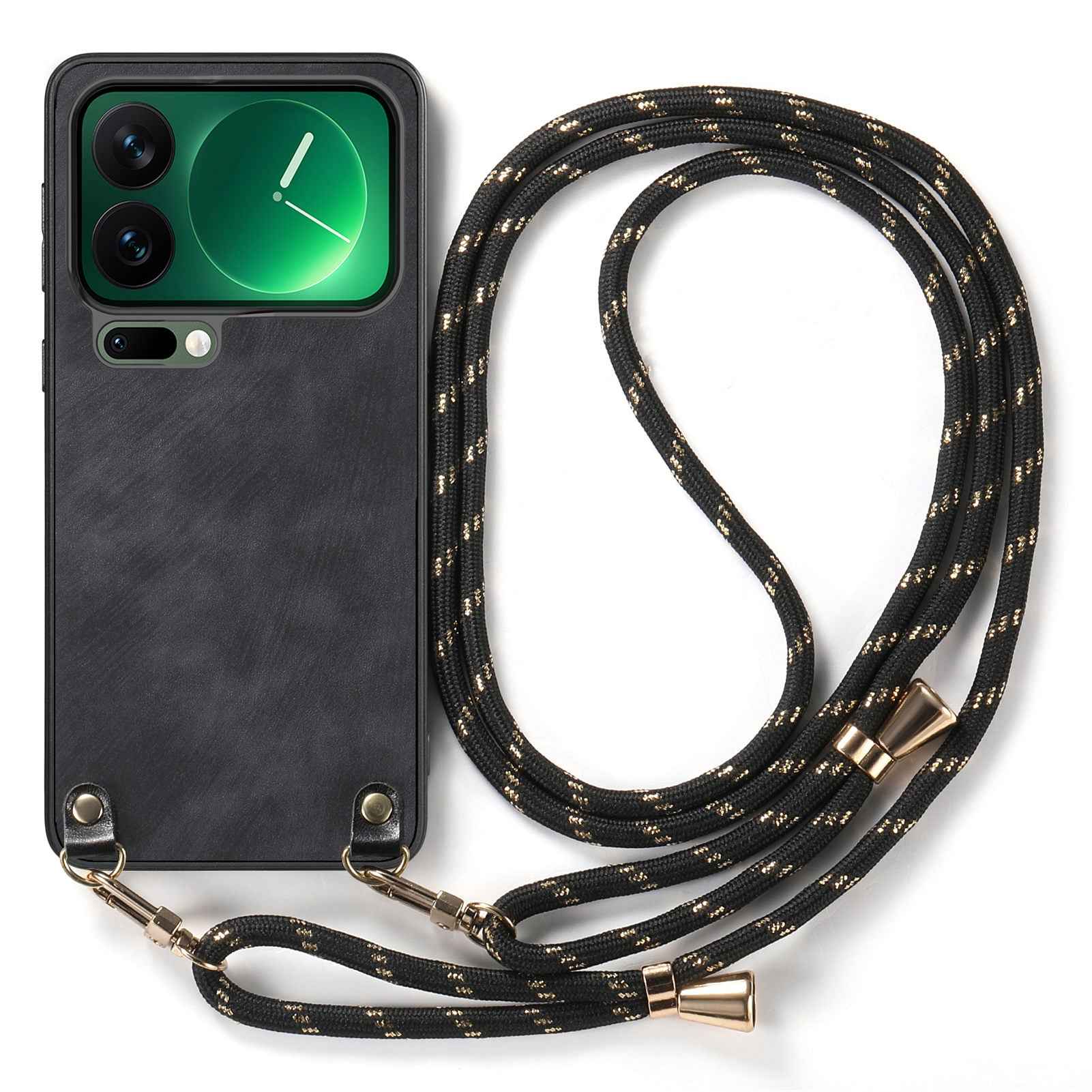 For Xiaomi 17 Pro Retro Leather Phone Back Cover with Adjustable Strap - Black