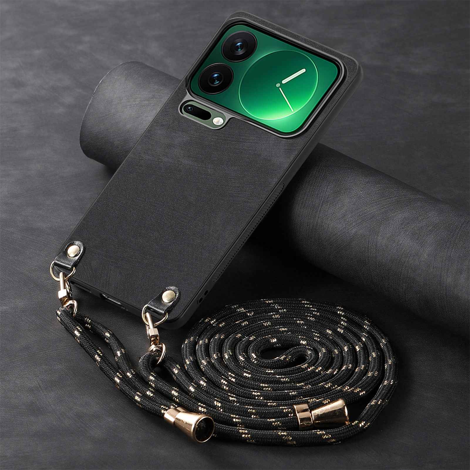 For Xiaomi 17 Pro Retro Leather Phone Back Cover with Adjustable Strap - Black