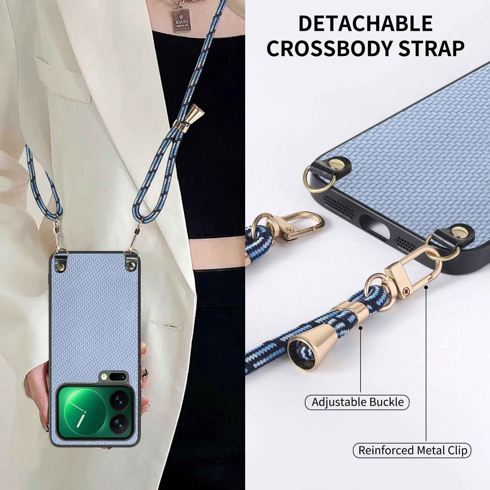 For Xiaomi 17 Pro Case Carbon Fiber Texture PU + PC + TPU Anti Drop Phone Cover with Crossbody Lanyard - Blue