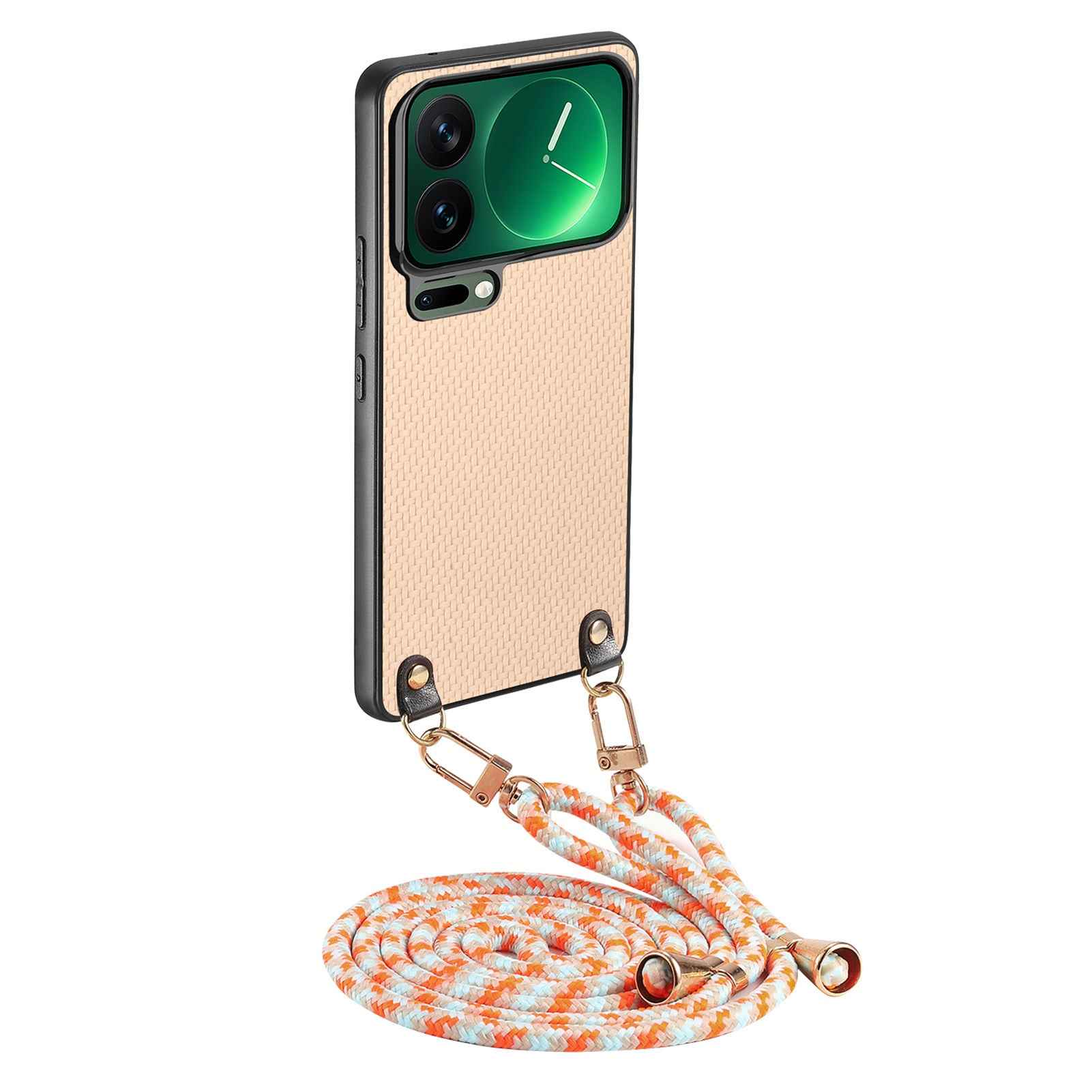 For Xiaomi 17 Pro Case Carbon Fiber Texture PU + PC + TPU Anti Drop Phone Cover with Crossbody Lanyard - Khaki