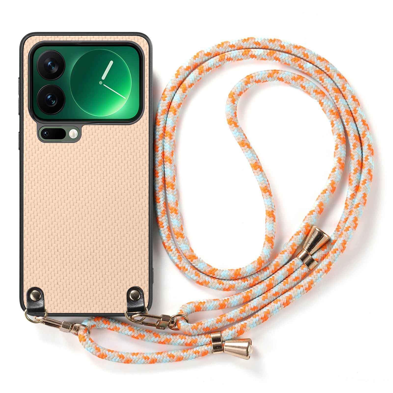 For Xiaomi 17 Pro Case Carbon Fiber Texture PU + PC + TPU Anti Drop Phone Cover with Crossbody Lanyard - Khaki