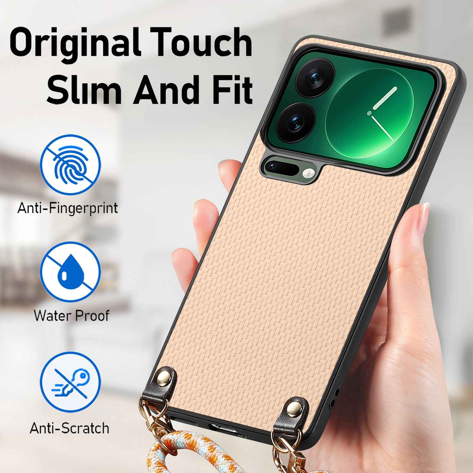 For Xiaomi 17 Pro Case Carbon Fiber Texture PU + PC + TPU Anti Drop Phone Cover with Crossbody Lanyard - Khaki