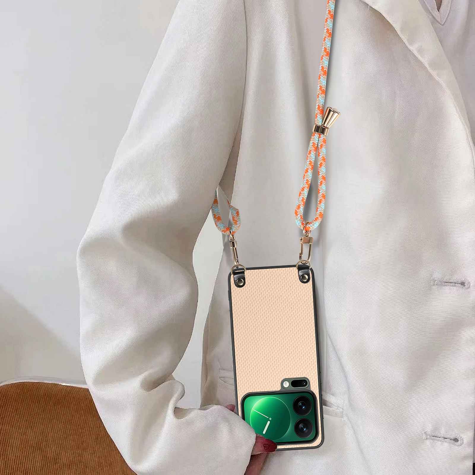 For Xiaomi 17 Pro Case Carbon Fiber Texture PU + PC + TPU Anti Drop Phone Cover with Crossbody Lanyard - Khaki