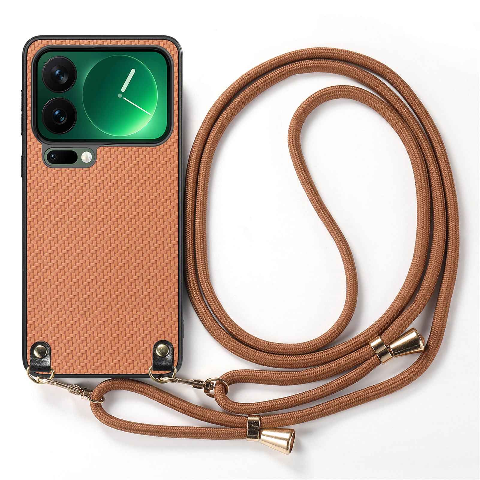 For Xiaomi 17 Pro Case Carbon Fiber Texture PU + PC + TPU Anti Drop Phone Cover with Crossbody Lanyard - Brown