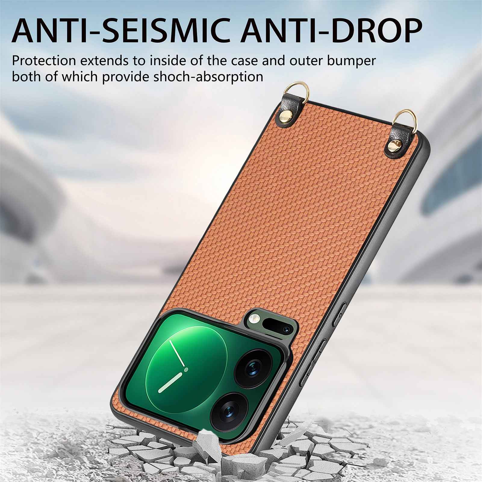 For Xiaomi 17 Pro Case Carbon Fiber Texture PU + PC + TPU Anti Drop Phone Cover with Crossbody Lanyard - Brown