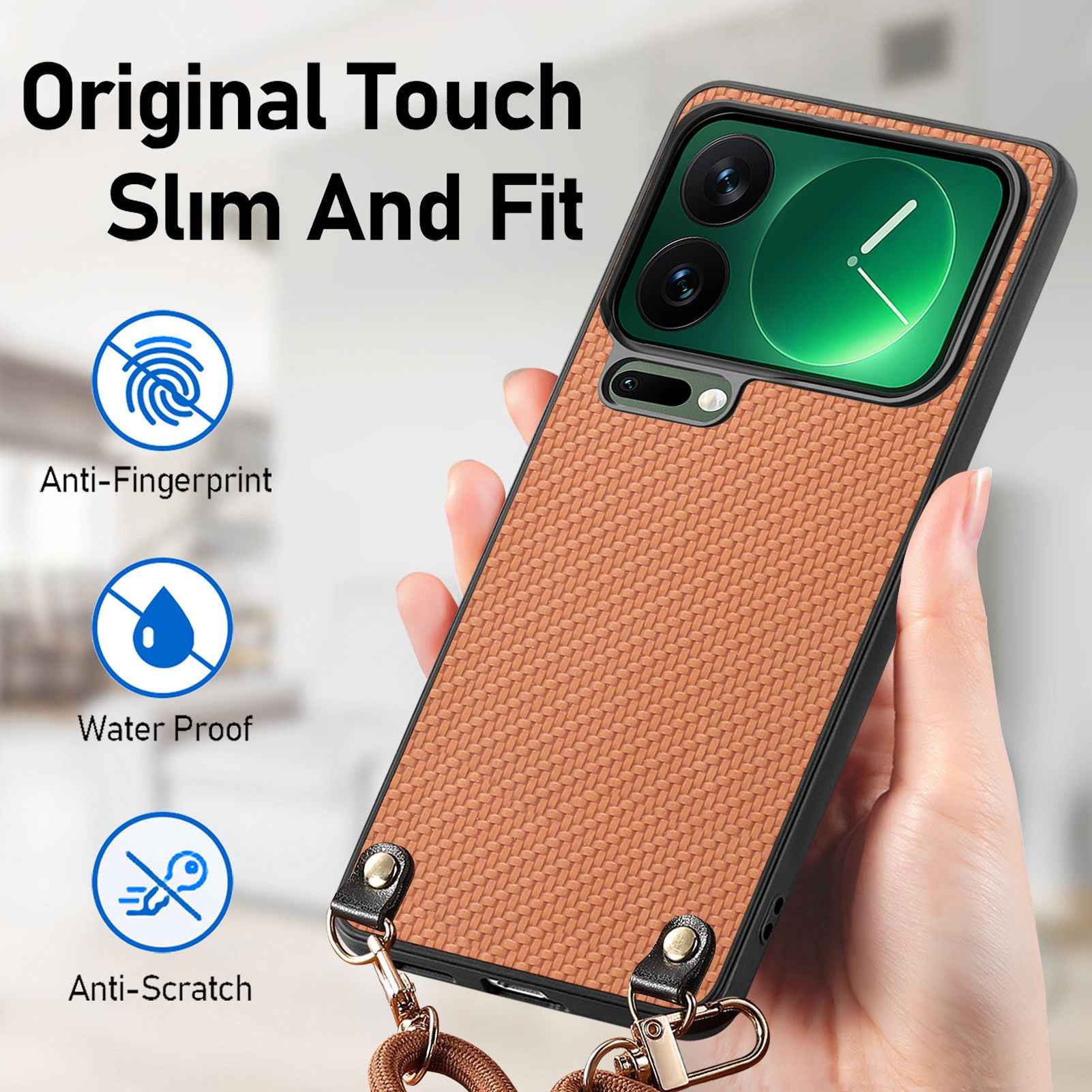 For Xiaomi 17 Pro Case Carbon Fiber Texture PU + PC + TPU Anti Drop Phone Cover with Crossbody Lanyard - Brown