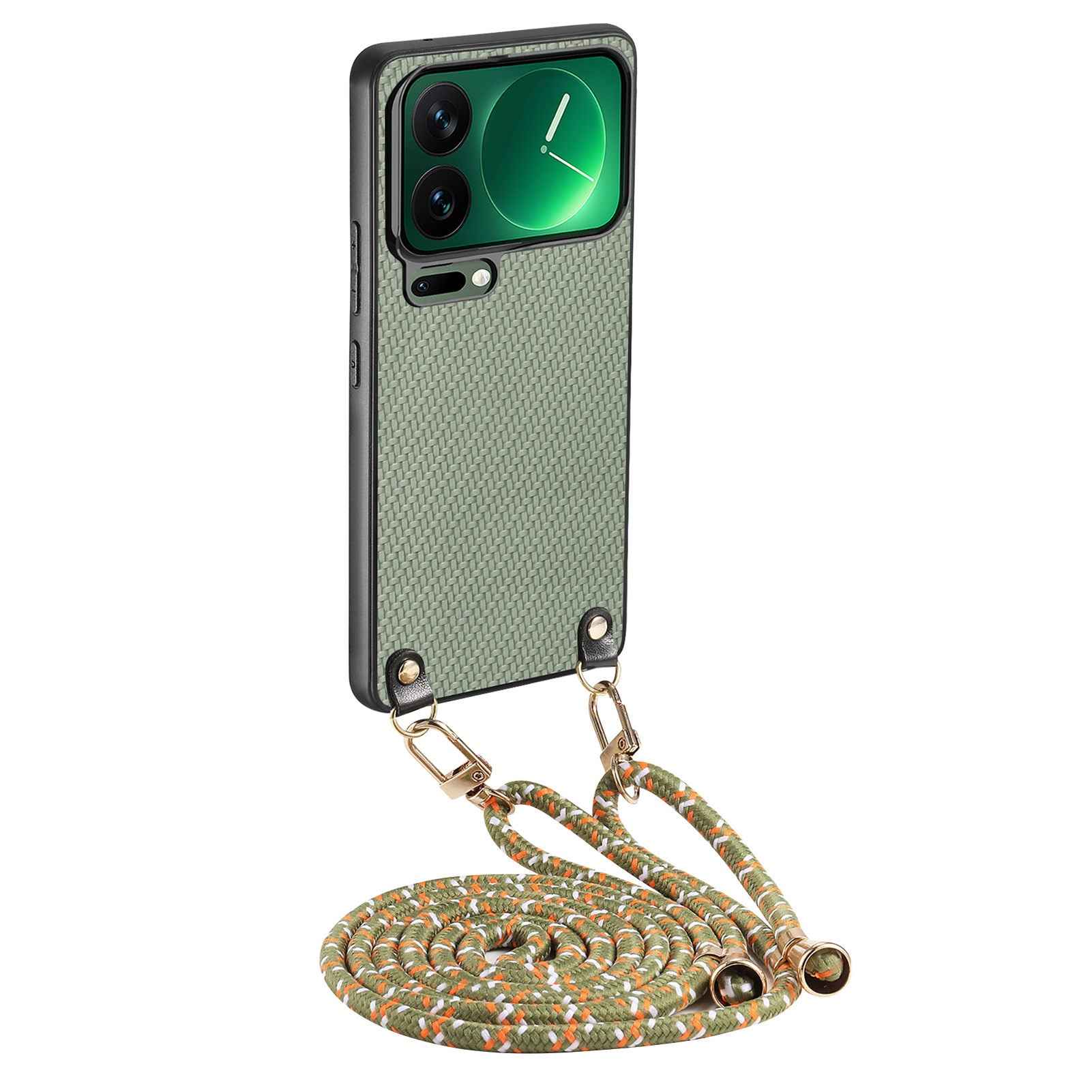 For Xiaomi 17 Pro Case Carbon Fiber Texture PU + PC + TPU Anti Drop Phone Cover with Crossbody Lanyard - Green