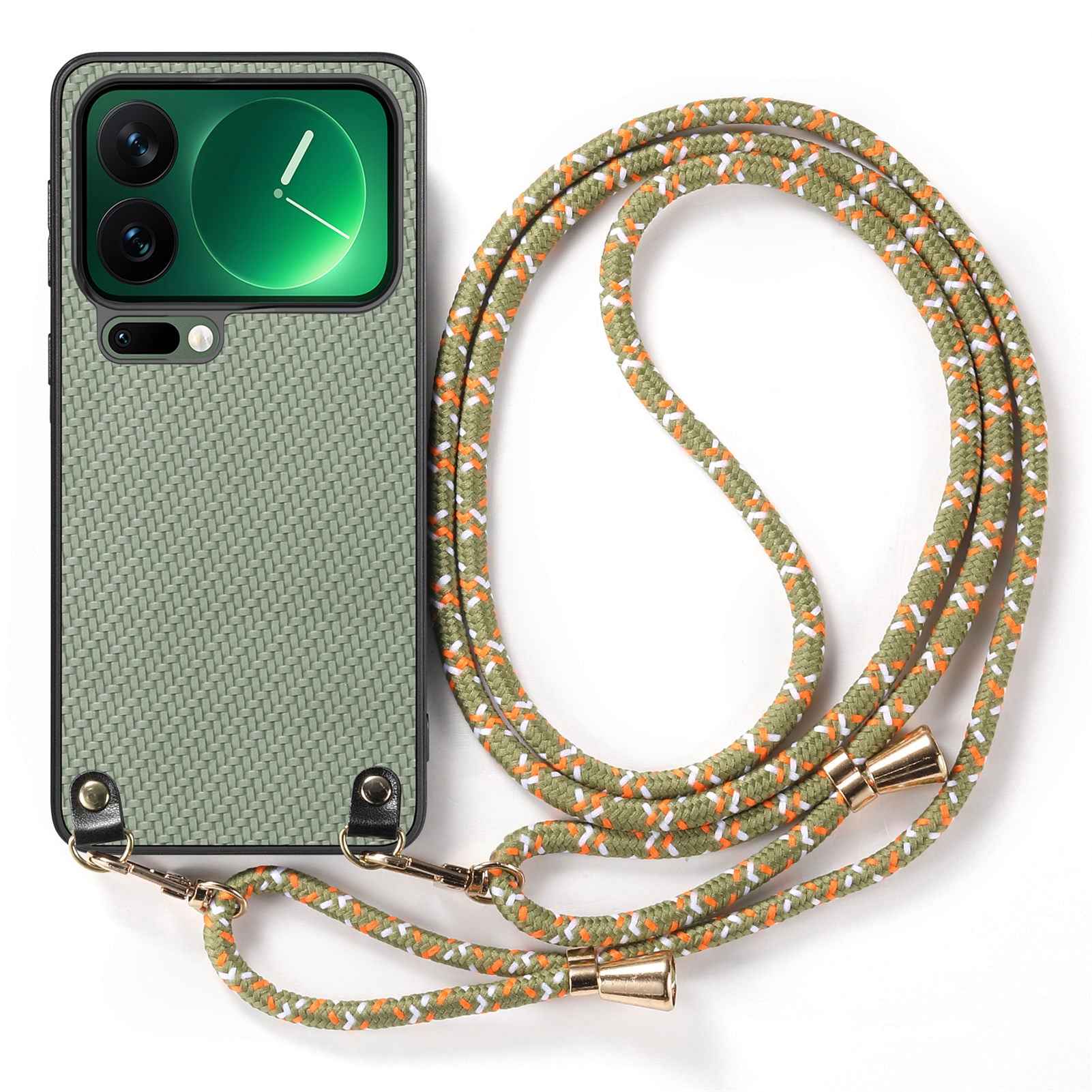 For Xiaomi 17 Pro Case Carbon Fiber Texture PU + PC + TPU Anti Drop Phone Cover with Crossbody Lanyard - Green