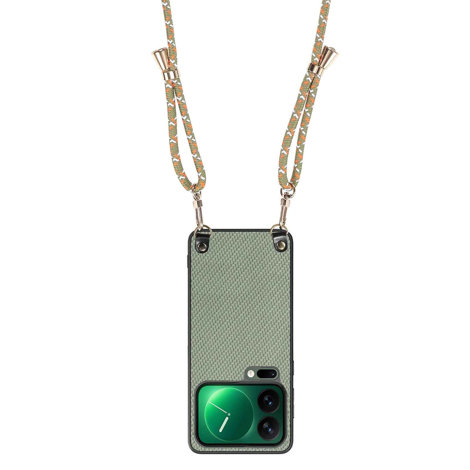 For Xiaomi 17 Pro Case Carbon Fiber Texture PU + PC + TPU Anti Drop Phone Cover with Crossbody Lanyard - Green