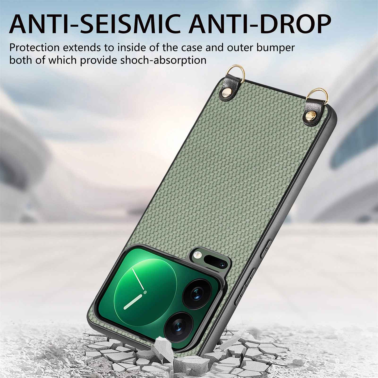 For Xiaomi 17 Pro Case Carbon Fiber Texture PU + PC + TPU Anti Drop Phone Cover with Crossbody Lanyard - Green
