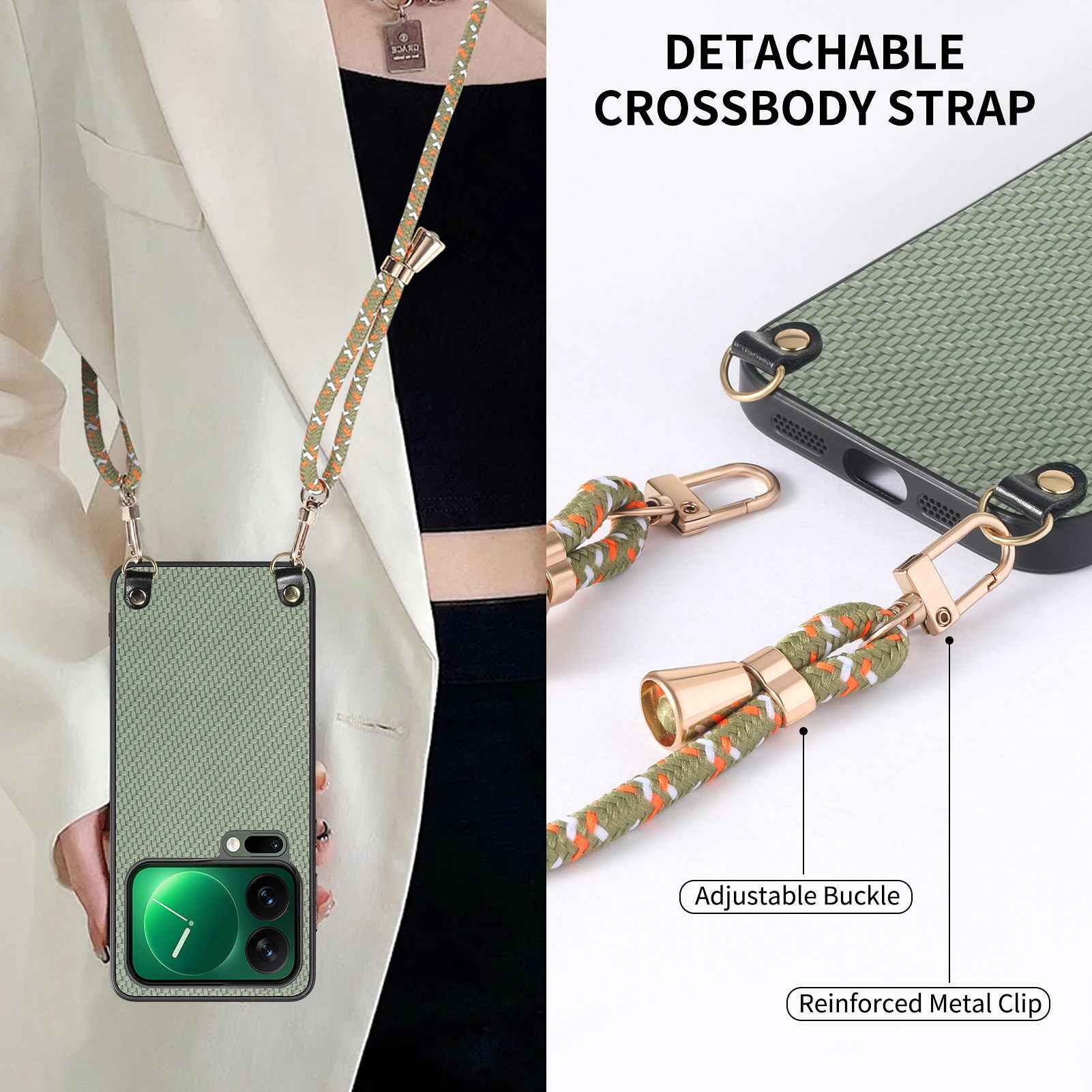 For Xiaomi 17 Pro Case Carbon Fiber Texture PU + PC + TPU Anti Drop Phone Cover with Crossbody Lanyard - Green