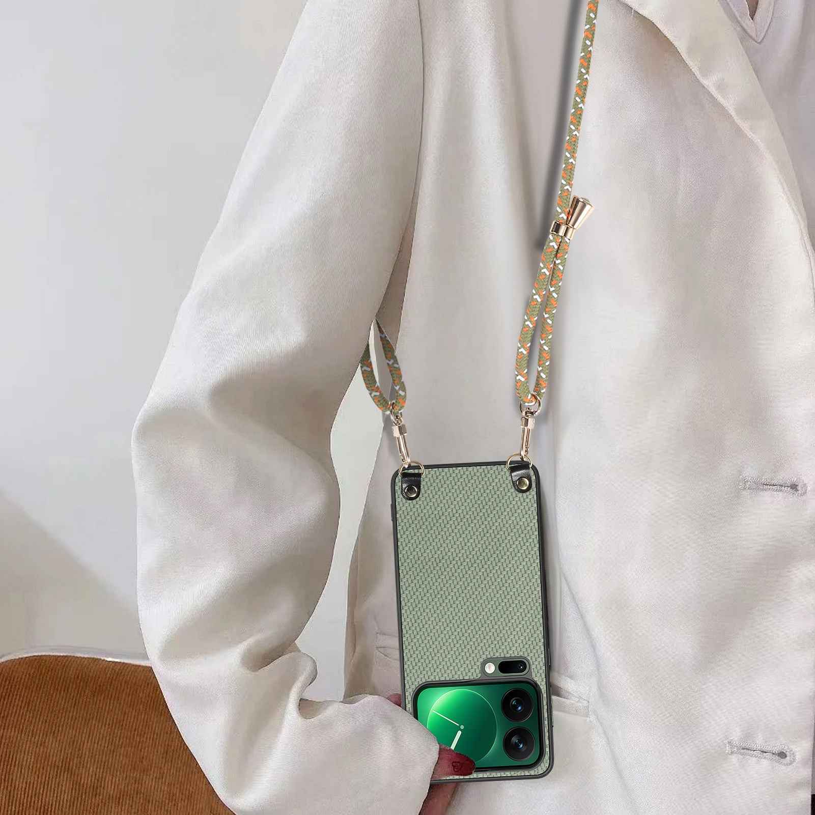 For Xiaomi 17 Pro Case Carbon Fiber Texture PU + PC + TPU Anti Drop Phone Cover with Crossbody Lanyard - Green