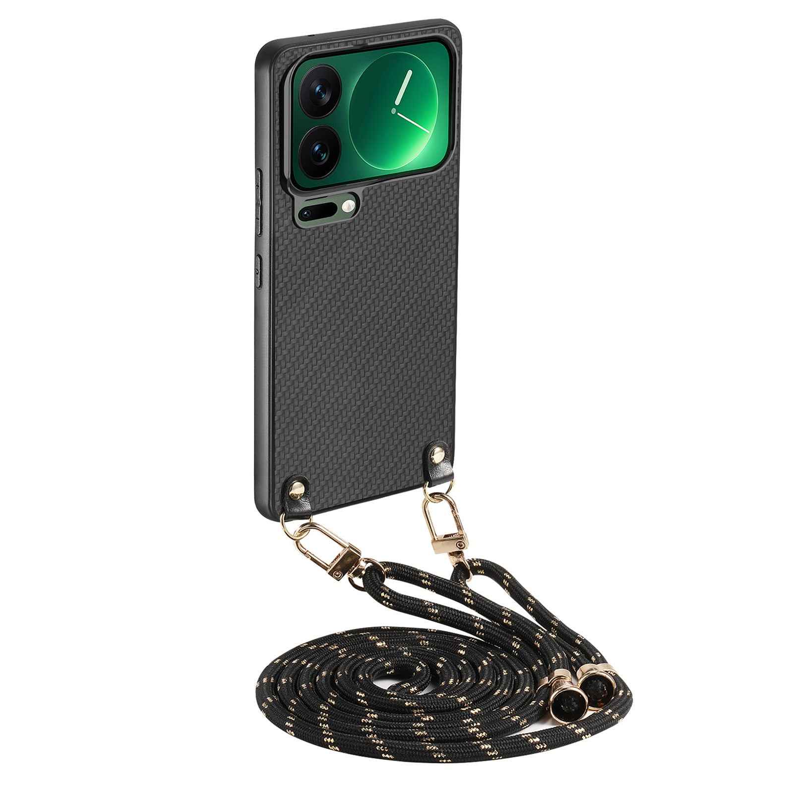 For Xiaomi 17 Pro Case Carbon Fiber Texture PU + PC + TPU Anti Drop Phone Cover with Crossbody Lanyard - Black