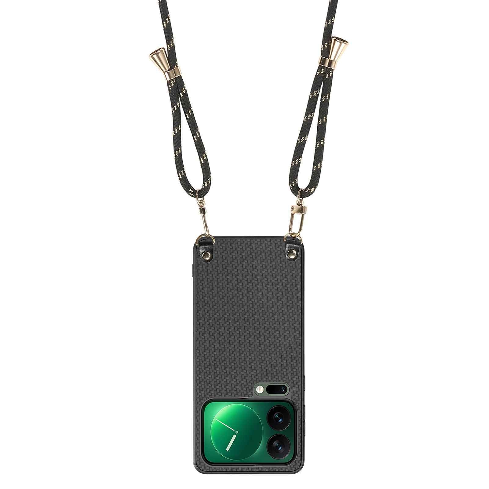 For Xiaomi 17 Pro Case Carbon Fiber Texture PU + PC + TPU Anti Drop Phone Cover with Crossbody Lanyard - Black