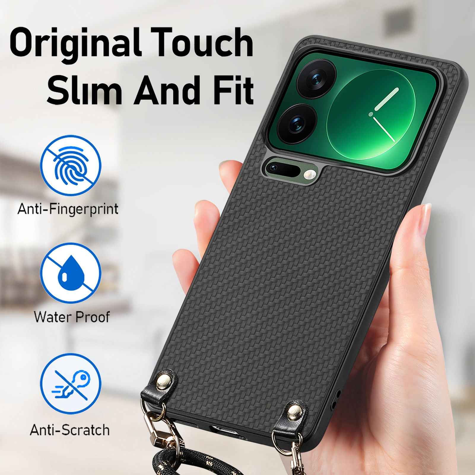 For Xiaomi 17 Pro Case Carbon Fiber Texture PU + PC + TPU Anti Drop Phone Cover with Crossbody Lanyard - Black