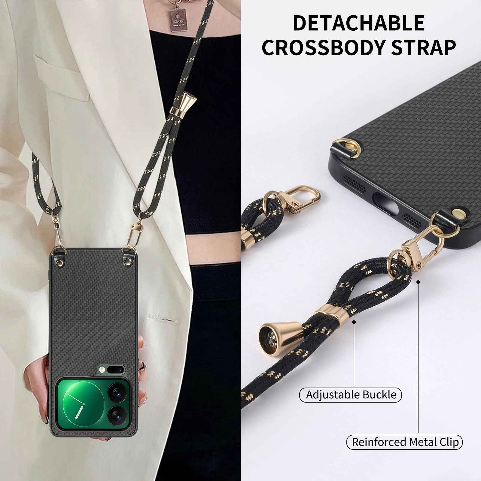 For Xiaomi 17 Pro Case Carbon Fiber Texture PU + PC + TPU Anti Drop Phone Cover with Crossbody Lanyard - Black
