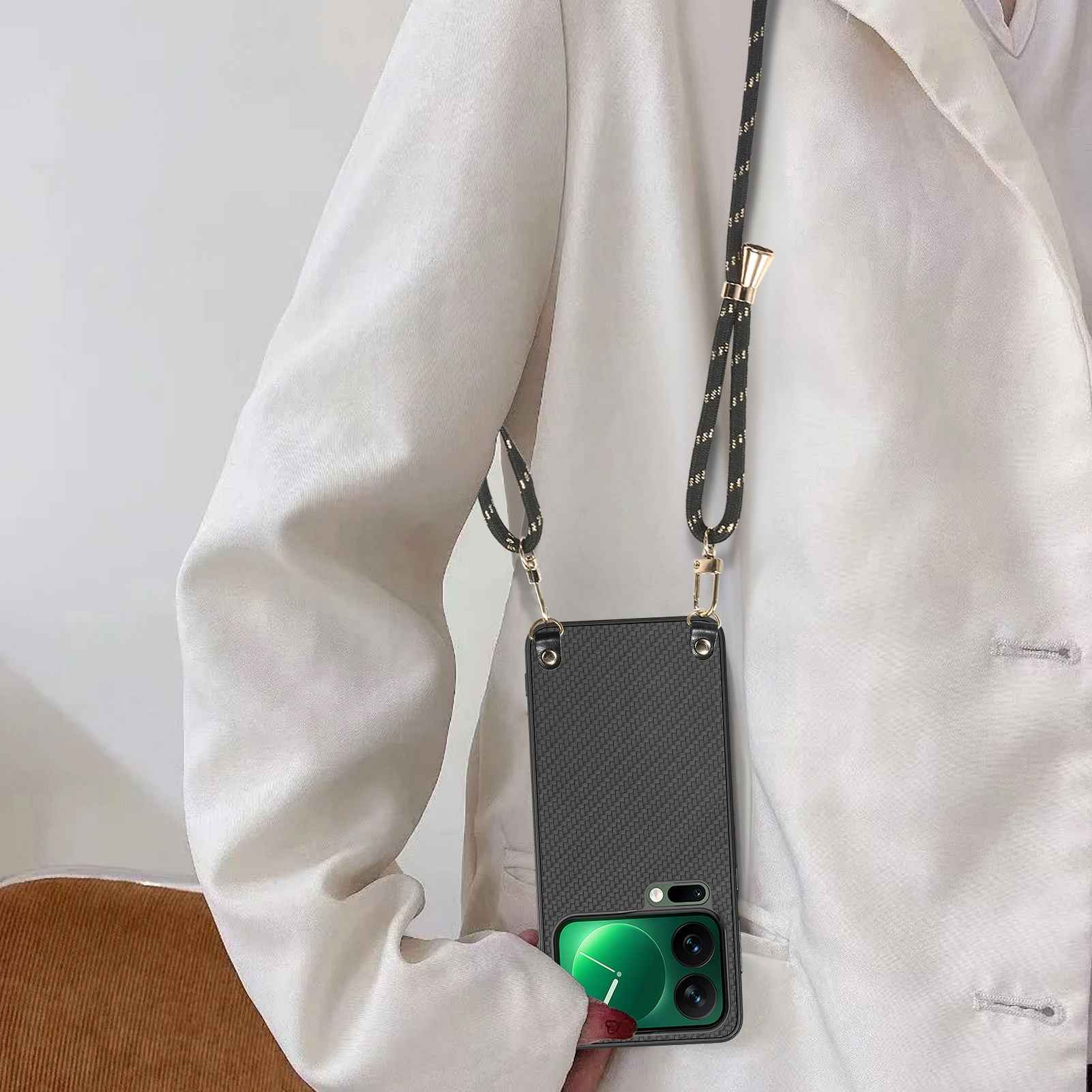 For Xiaomi 17 Pro Case Carbon Fiber Texture PU + PC + TPU Anti Drop Phone Cover with Crossbody Lanyard - Black