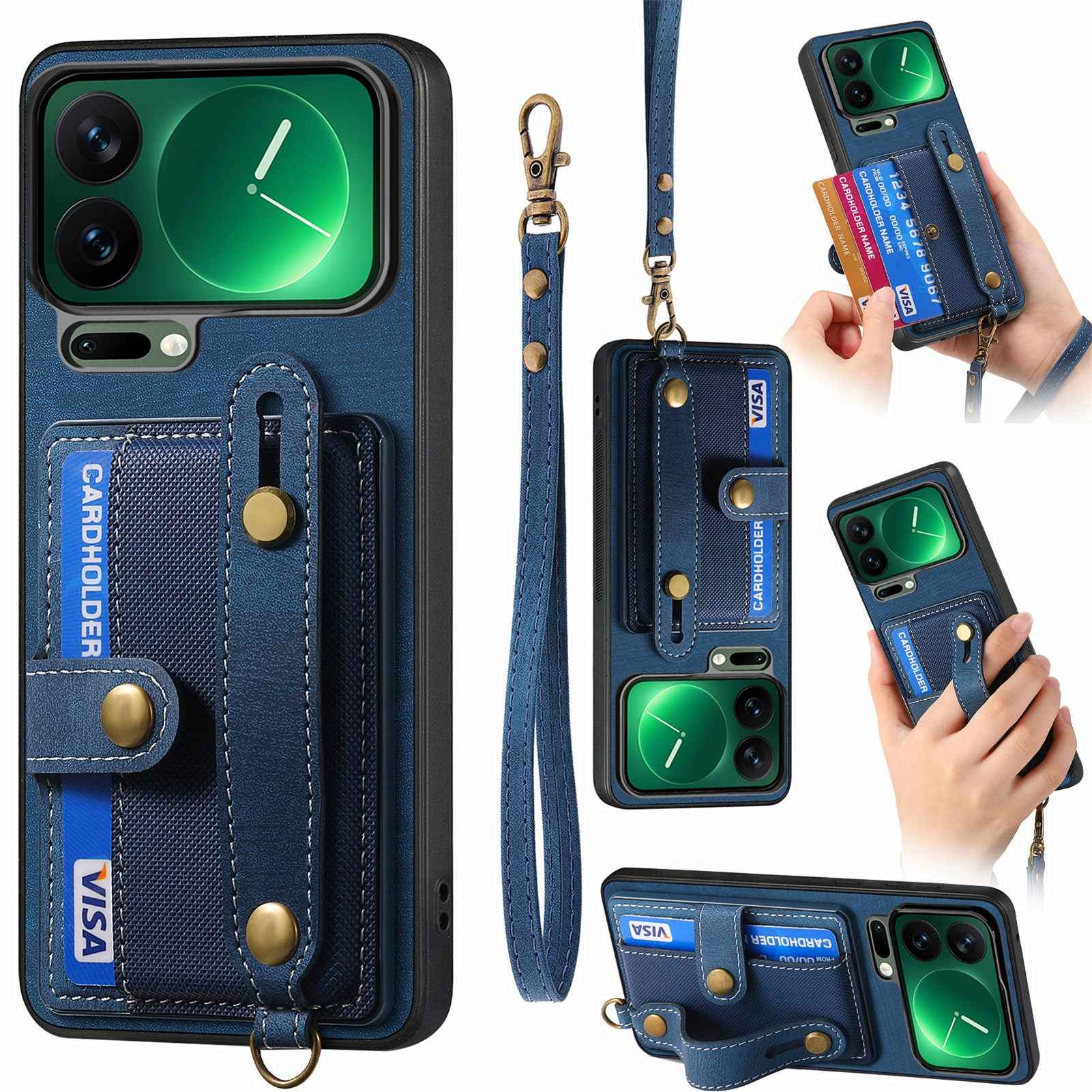 For Xiaomi 17 Pro Retro PU Leather Back Cover with Card Holder and Wristband Kickstand - Blue