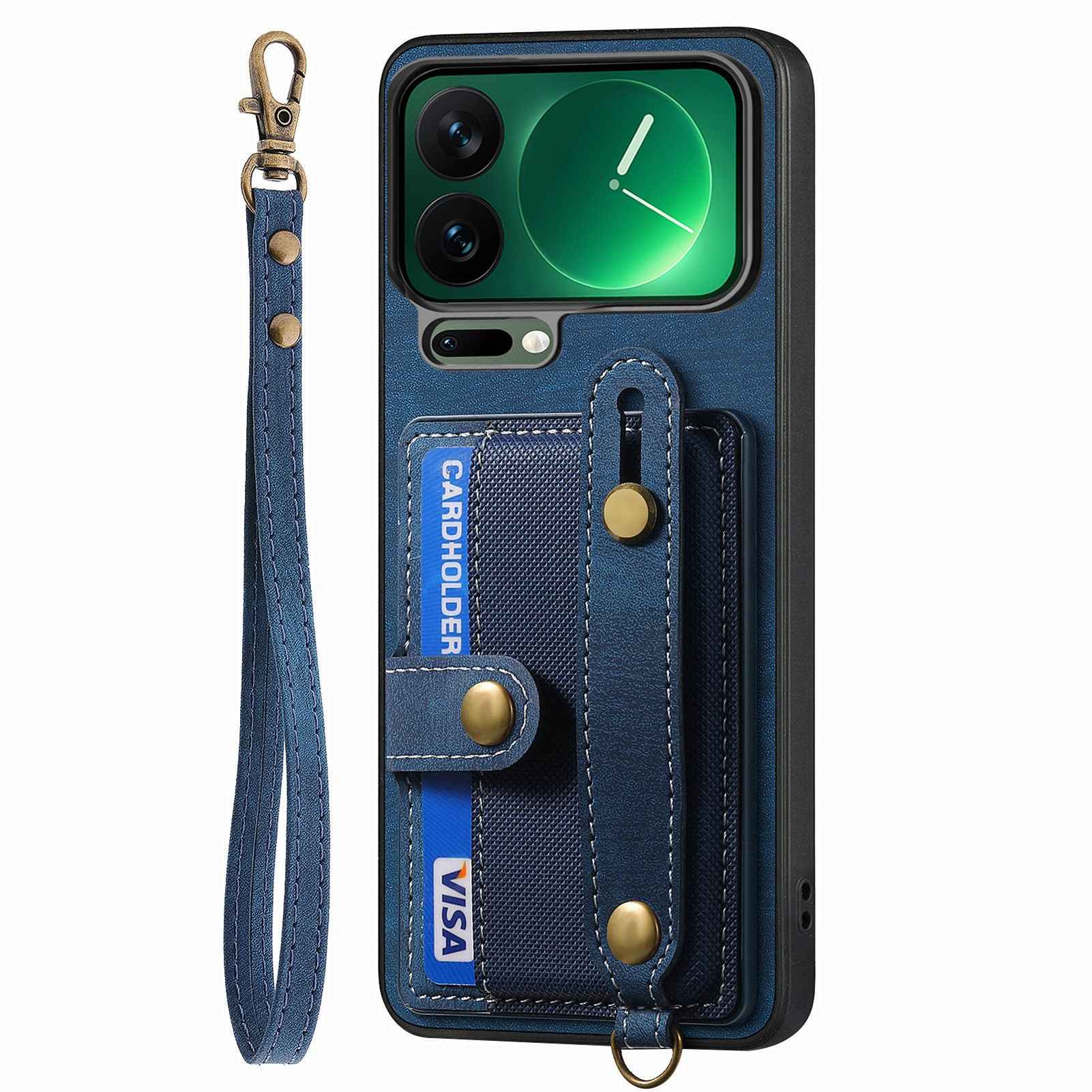 For Xiaomi 17 Pro Retro PU Leather Back Cover with Card Holder and Wristband Kickstand - Blue