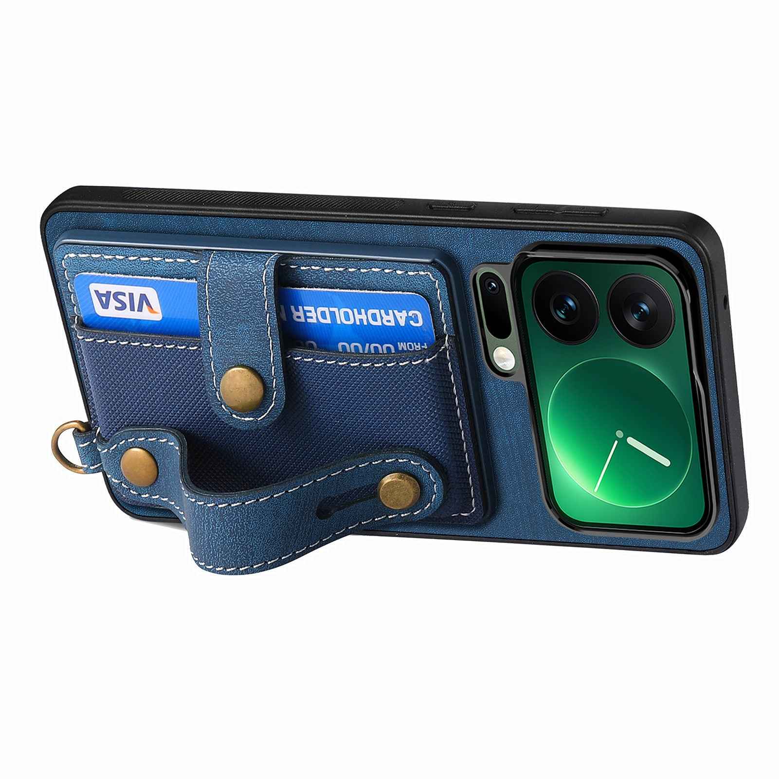 For Xiaomi 17 Pro Retro PU Leather Back Cover with Card Holder and Wristband Kickstand - Blue