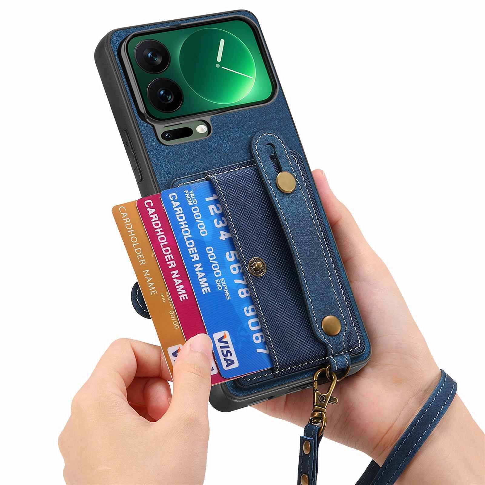 For Xiaomi 17 Pro Retro PU Leather Back Cover with Card Holder and Wristband Kickstand - Blue