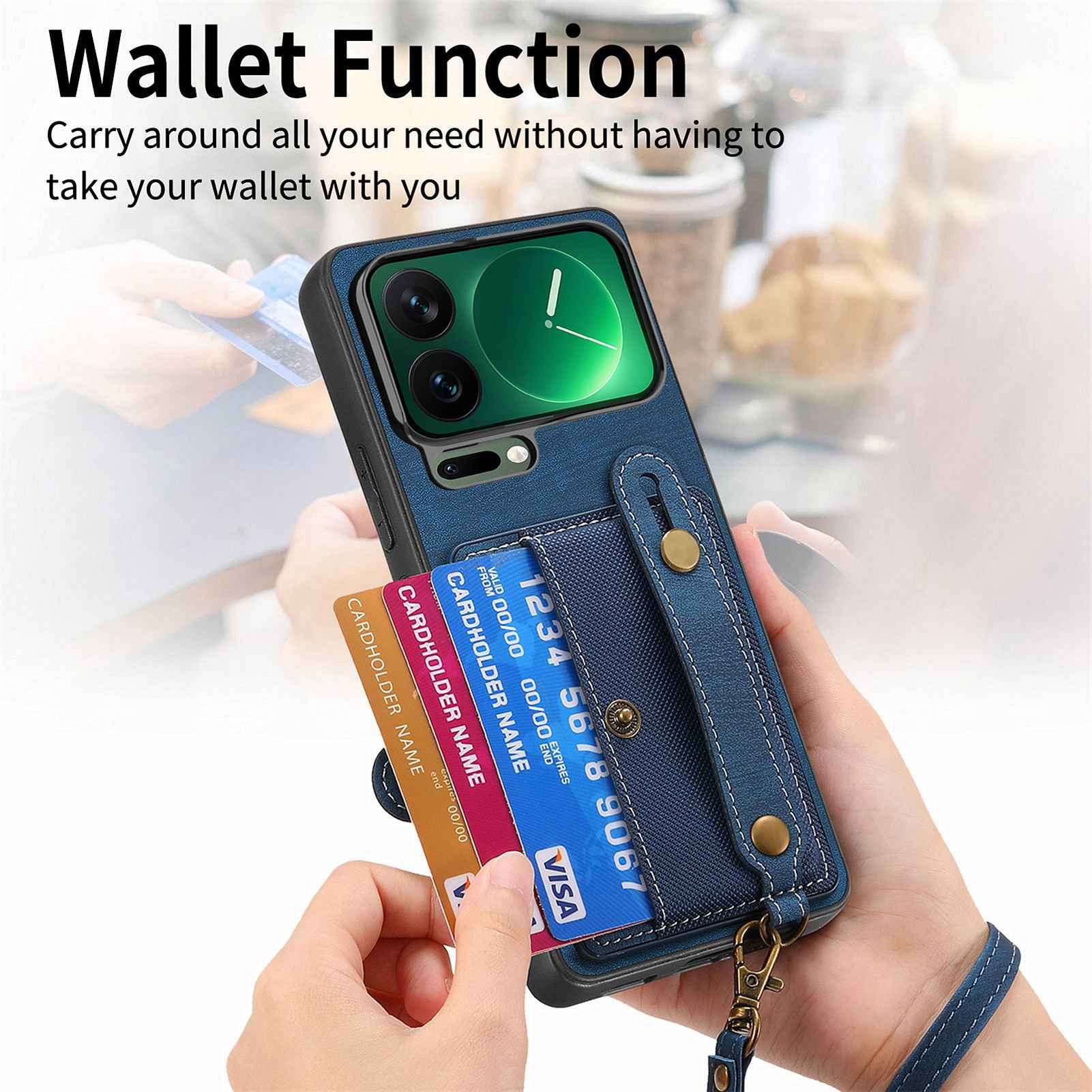 For Xiaomi 17 Pro Retro PU Leather Back Cover with Card Holder and Wristband Kickstand - Blue