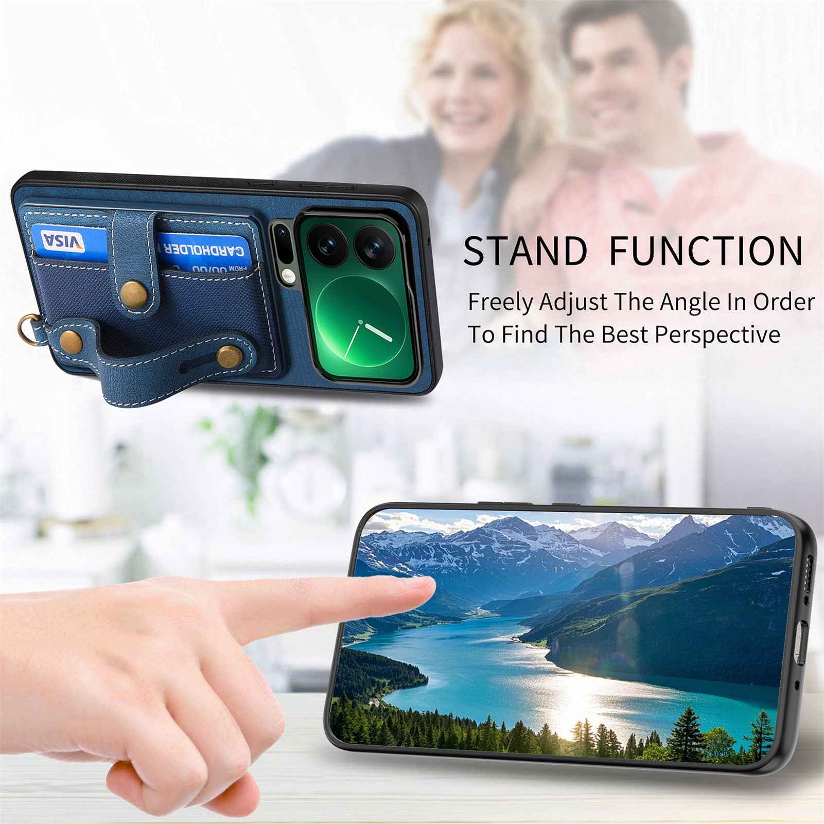 For Xiaomi 17 Pro Retro PU Leather Back Cover with Card Holder and Wristband Kickstand - Blue