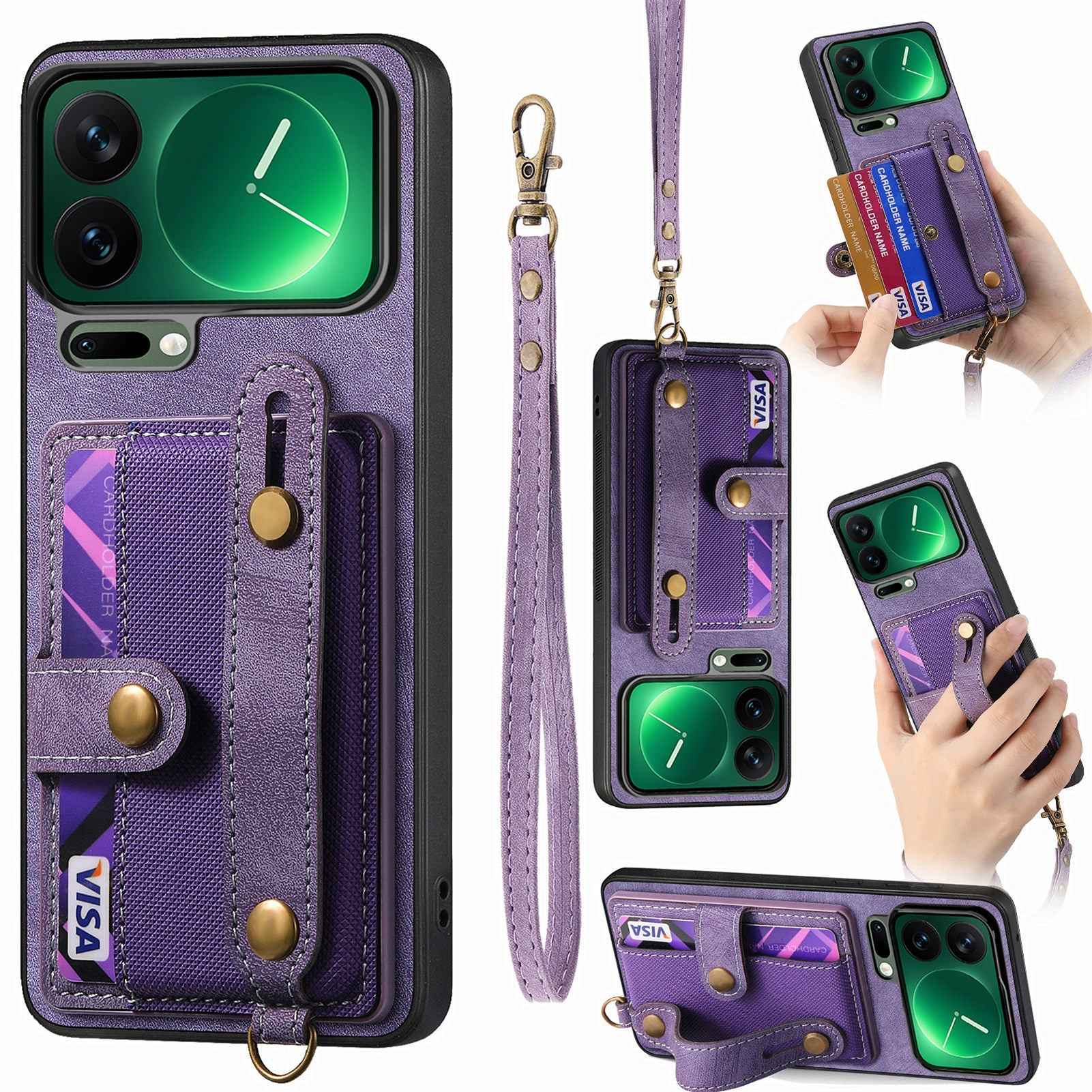 For Xiaomi 17 Pro Retro PU Leather Back Cover with Card Holder and Wristband Kickstand - Purple