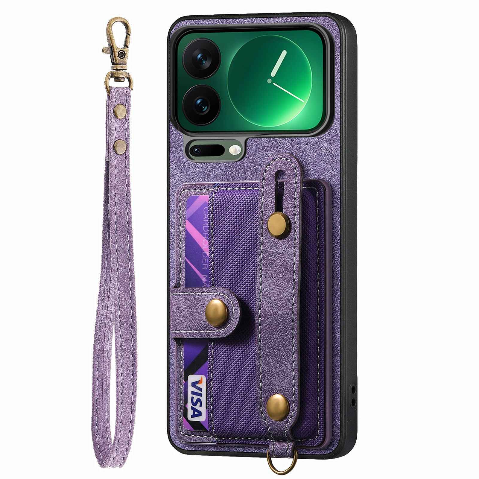 For Xiaomi 17 Pro Retro PU Leather Back Cover with Card Holder and Wristband Kickstand - Purple