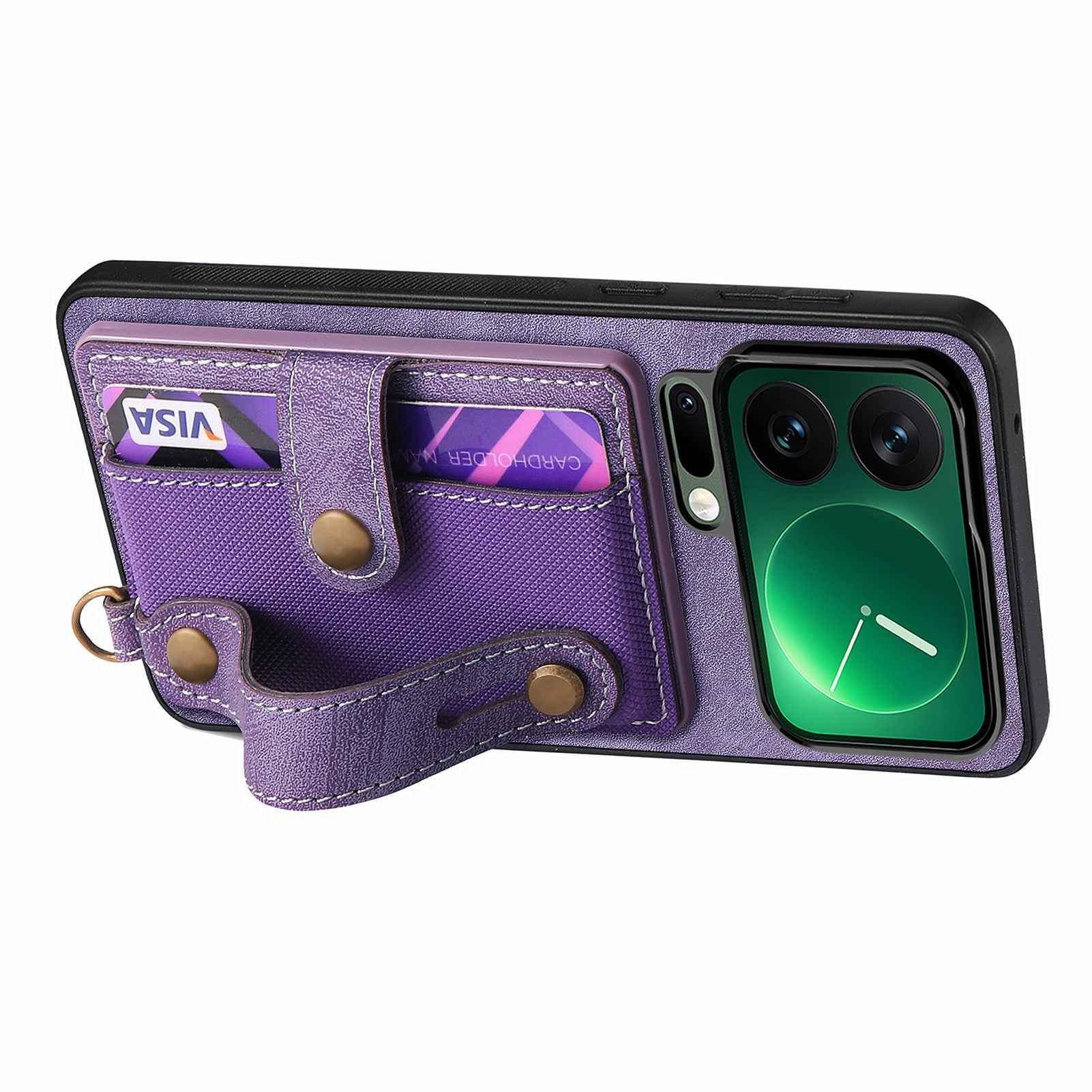 For Xiaomi 17 Pro Retro PU Leather Back Cover with Card Holder and Wristband Kickstand - Purple