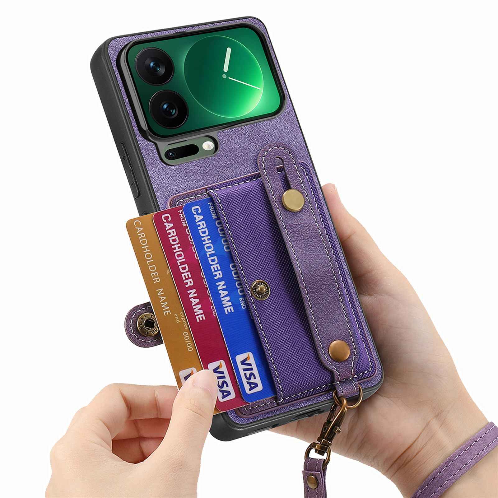 For Xiaomi 17 Pro Retro PU Leather Back Cover with Card Holder and Wristband Kickstand - Purple