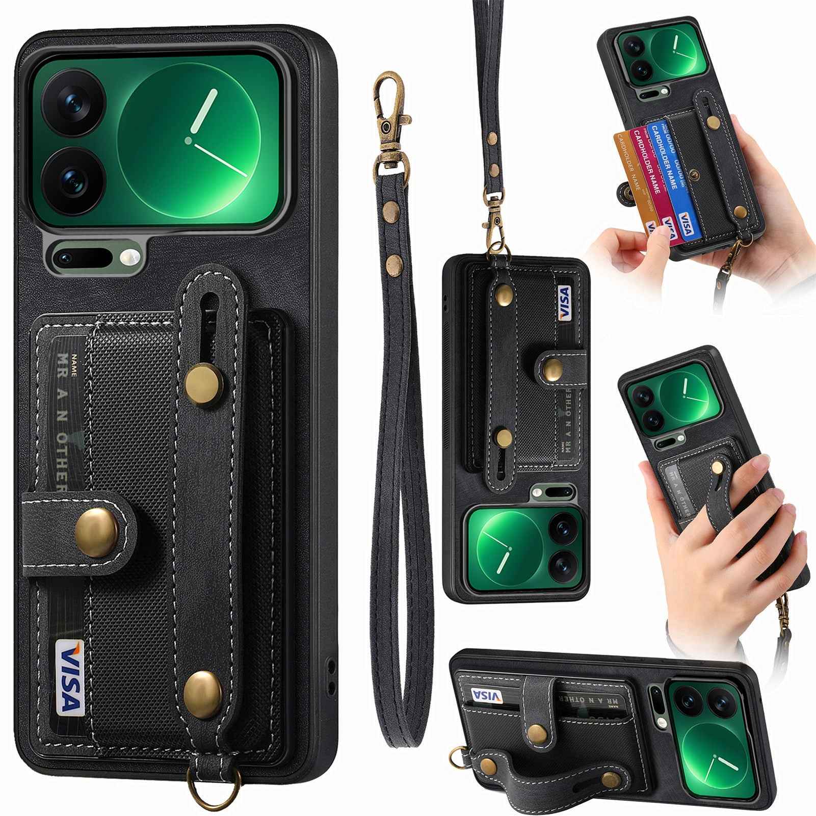 For Xiaomi 17 Pro Retro PU Leather Back Cover with Card Holder and Wristband Kickstand - Black