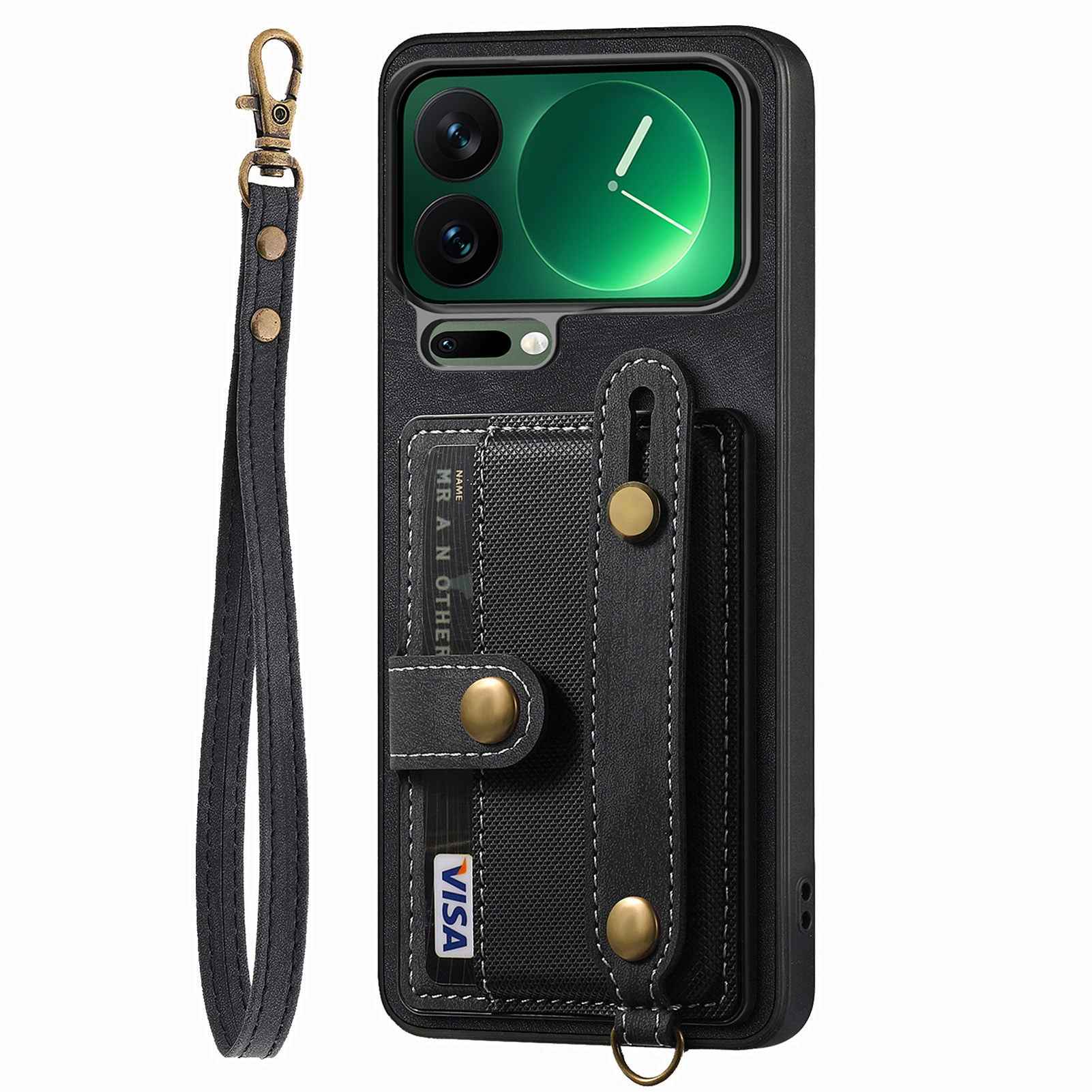 For Xiaomi 17 Pro Retro PU Leather Back Cover with Card Holder and Wristband Kickstand - Black